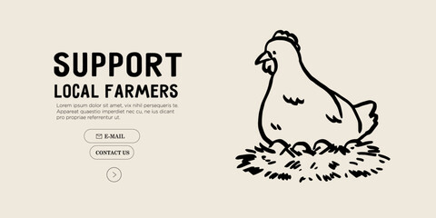 Hen sitting on nest with eggs or chickens. Farm products concept. Countryside agriculture, farmer eco products. Charcoal ink chalk crayon vector illustration. Eat local concept.