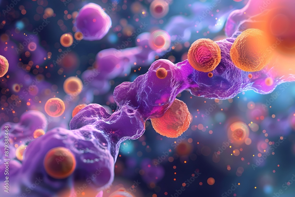 Poster vibrant microscopic view of cellular structures and particles