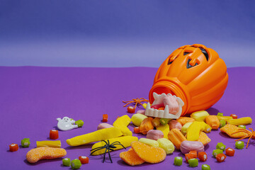 Traditional festive composition for Halloween party. Sweet seasonal food, homemade autumn decor