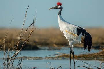 A red-crowned crane stands gracefully in the wetlands