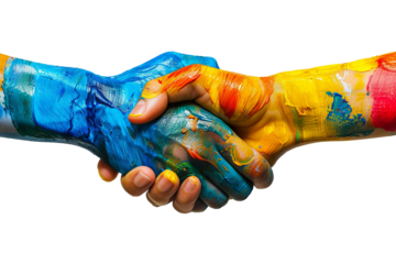 shaking hands gesture covered in colorful paint on a transparent background, diversity concept
