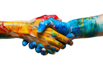 shaking hands gesture covered in colorful paint on a transparent background, diversity and multiculturalism concept