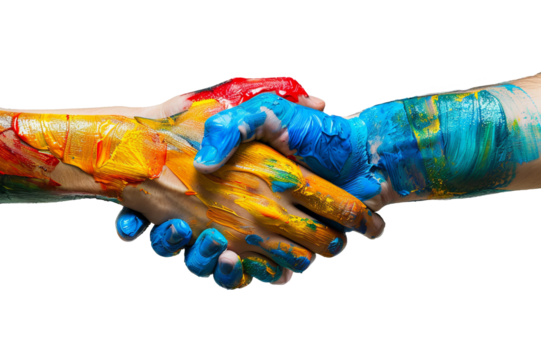shaking hands gesture covered in colorful paint on a transparent background, diversity and multiculturalism concept
