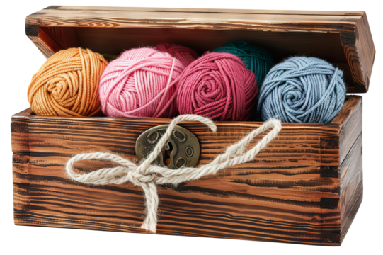 wooden box of wool on transparent background