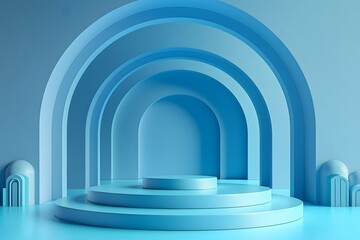 Fototapeta premium Modern Blue Geometric Archway with Circular Platforms