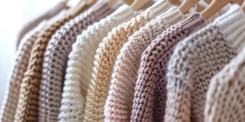 A row of colorful knit sweaters hanging on wooden hangers, showcasing various patterns and textures in a bright setting.