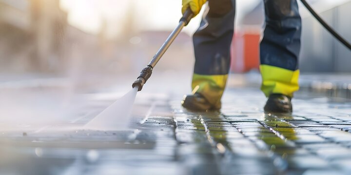 Worker in highvis jacket using pressure washer to remove graffiti from urban surface. Concept Urban Maintenance, Graffiti Removal, Pressure Washing, Worker in High Vis Jacket, City Cleanup
