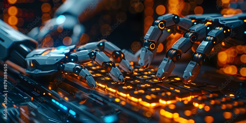 Poster robotic arm types on backlit keyboard in hightech environment with vibrant lights. concept industria