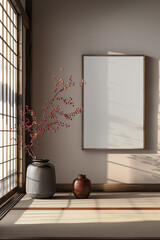 Fototapeta premium modern thin frame 12x18 mockup minimalist frame on wall, japanese style, 