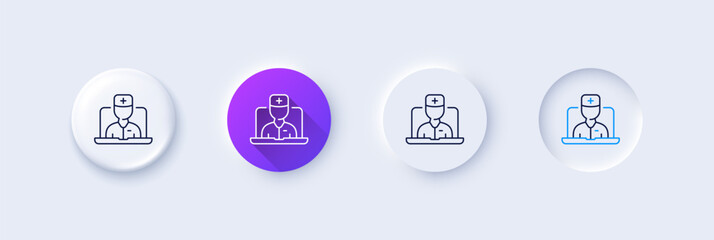 Telemedicine line icon. Neumorphic, Purple gradient, 3d pin buttons. Online doctor sign. Medicine healthcare symbol. Line icons. Neumorphic buttons with outline signs. Vector