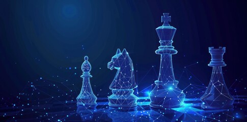 Digital Chess Display: Low Poly Wireframe Pieces on a Dark Blue Background - Generative AI