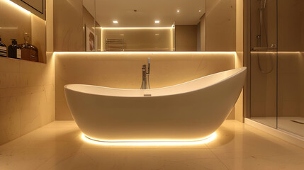 Stylish modern bathroom with a freestanding bathtub, elegant fixtures, and soft lighting, emphasizing luxury and contemporary design.


