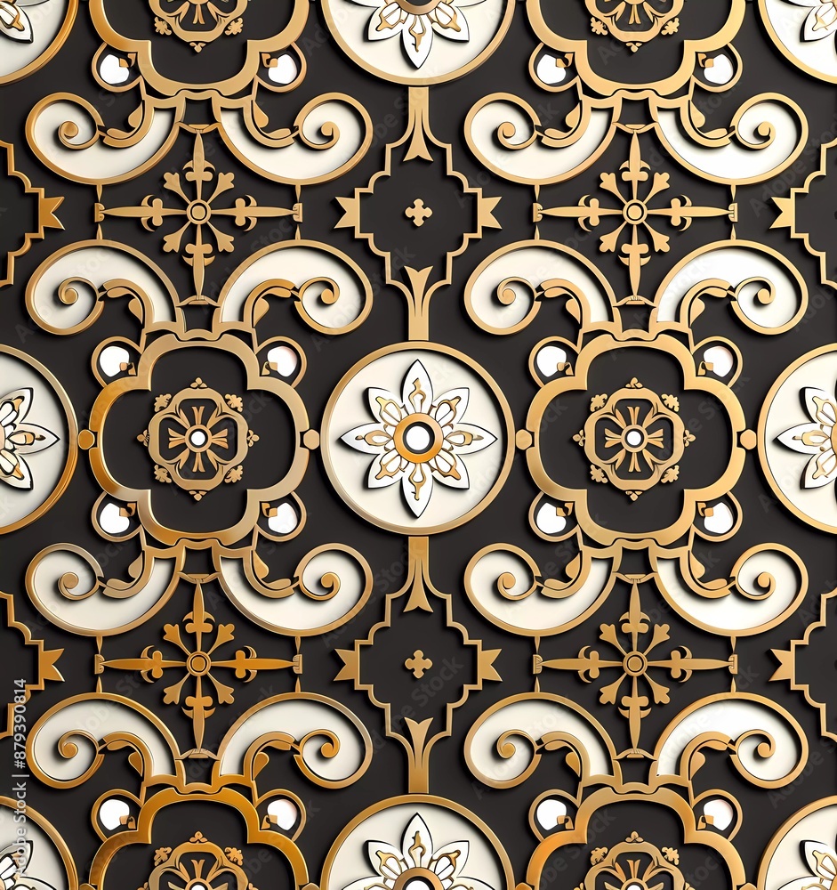 Poster 3d render of a simple, decorative pattern with gold and white on a black background