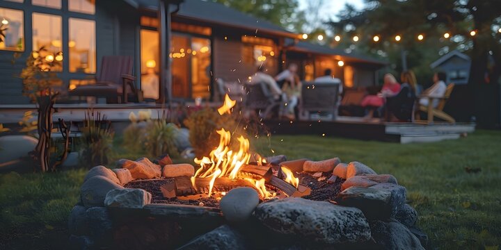 Cozy suburban gathering around backyard firepit on peaceful evening. Concept Backyard Gathering, Firepit, Suburban Living, Peaceful Evening