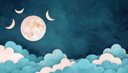 Dreamy night sky illustration with clouds, a full moon, and crescent moons, perfect for backgrounds and atmospheric designs.
