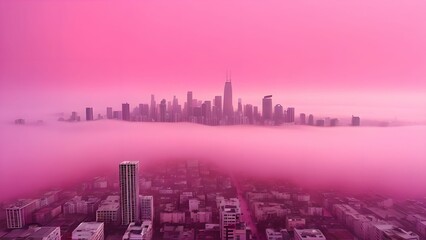 Fototapeta premium The cityscape emerges from a sea of ​​pink fog. Fairytale view, surrealism.