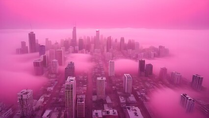 Fototapeta premium The cityscape emerges from a sea of ​​pink fog. Fairytale view, surrealism.