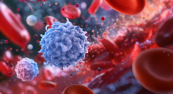 Lymphocytes, immune cells, white blood cells. Adaptive immune system, showcasing T-cells, B-cells, NK cells. Human lymphocytes combating infections. Medical 3D blood structure scientific illustration