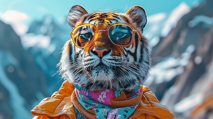 A striking tiger, adorned with aviator sunglasses and a patterned scarf, harmoniously set in a snowy mountain landscape, merging wild nature with a sense of fashionable adventure.
