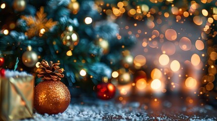 Fototapeta premium A close-up of a Christmas tree with gold and red ornaments, set against a softly blurred festive background, creating a magical and joyous holiday scene.