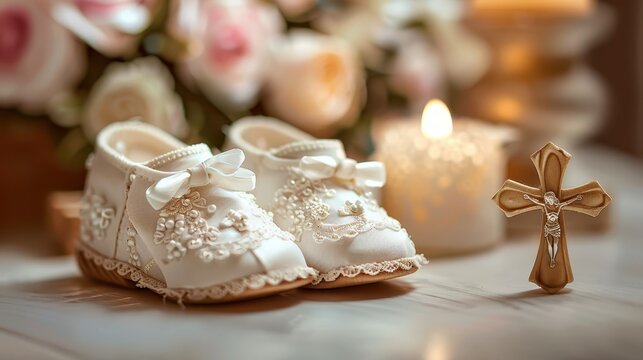 This image shows a pair of elegant baby shoes adorned with lace and ribbons, placed next to a lit candle and surrounded by a beautiful floral arrangement.