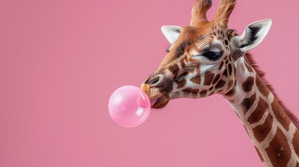 A delightful image of a giraffe amusingly blowing a pink bubblegum bubble set against a pink background, bringing a sense of whimsy and joy to the viewer.