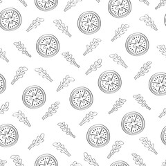 Tomato and arugula slices are a seamless pattern, vegetable background cartoon. Vector illustration wallpaper for the kitchen.