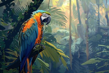 Fototapeta premium Parrots, macaws, and other rainforest creatures and birds. Generative Ai