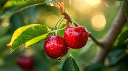 Obraz premium Warm Sunbeams Shine Through Leaves Onto Dewy Ripe Cherries Hanging On Orchard Branch Creating A Bright Natural And Fresh Outdoor Scene