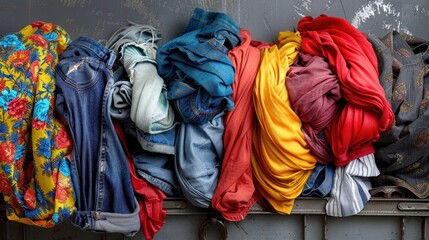 Mixed clothing items scattered in different fabrics and colors, giving a sense of disorganization and variety. It reflects the diverse fashion choices and everyday messiness.
