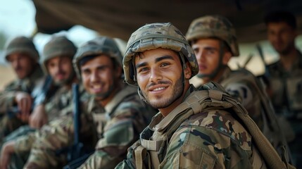 A group of smiling soldiers in camouflage uniforms are shown sitting outdoors, showcasing camaraderie, strength, and the spirit of military service.