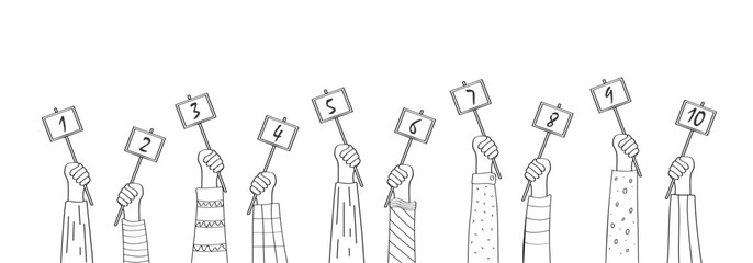 Cartoon hands with evaluation cards with numbers. Vector illustration of the raised hands of the jury members with scores. Rate it on a 10-point scale.