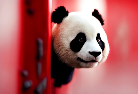 space technology copy peeks panda cautiously background created red corner curious careful frightened small cute interested peeping