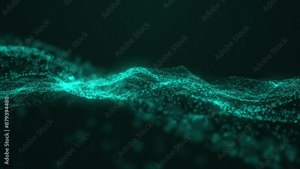 Poster abstract motion digital wave blue dots with glowing defocused particles background. creative soft bo