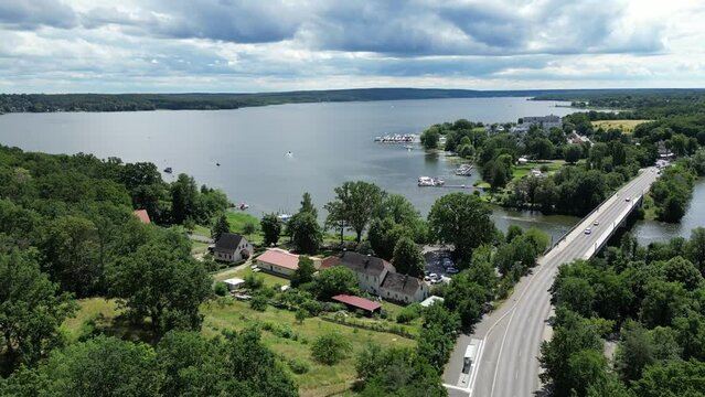 havel and schwielowsee river and lakes bridge village upwards aerial drone shot sunshine summer weather