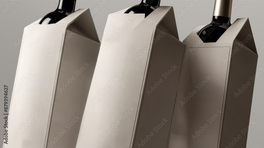 Wall mural Three wine bottles in white paper bags with a gray background, AI