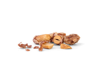 Roasted peanuts with frosting isolated on white background.