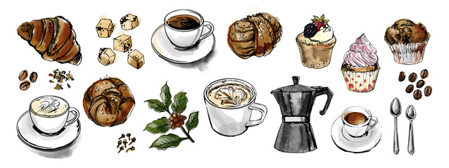 Coffee cups and pastries, buns, breakfast. Black and color ink drawing on a white background.	
