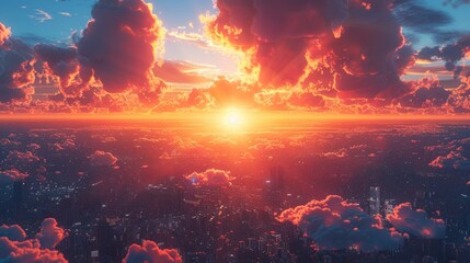 Obraz premium A City Awakens Beneath Fiery Sunset Clouds. Generative AI