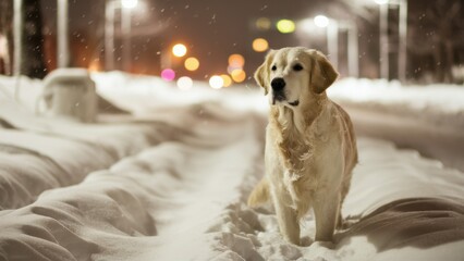 Obraz premium A dog walking in the snow on a street at night, AI