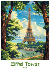 Paris Eiffel Tower Poster Illustration Travel Print Decor Gift Paper Canvas Wall Retro Art