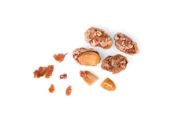 Roasted peanuts with frosting isolated on white background.