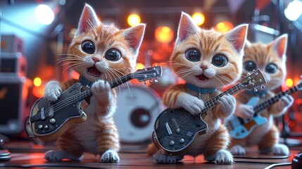 Two delighted kittens are playing black guitars on a lively concert stage, showcasing their musical talent with bright stage lights creating a dramatic atmosphere.