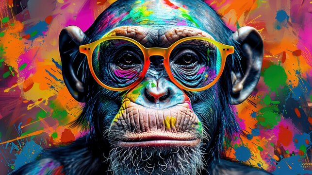 An imaginative and colorful splatter art piece featuring an abstract portrayal of a monkey wearing orange sunglasses, with vibrant and energetic paint splashes in the background.