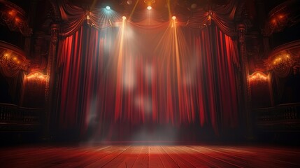 A glamorous theater stage with red curtains and colorful lights, setting the scene for an anticipated performance. The stage's classic and elegant design captivates the audience.