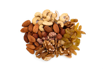 Pile of mixed nuts isolated on white background.