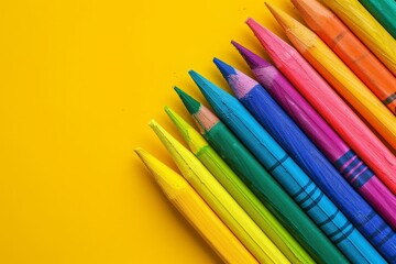 Fototapeta premium Colorful wax pastel crayons on yellow background, top view for vibrant artistic projects