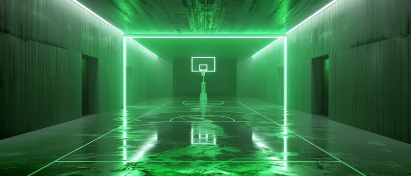 Hightech basketball with holographic display, in a minimalist court setting, SciFi, 3D, Neon green, Innovative sports equipment