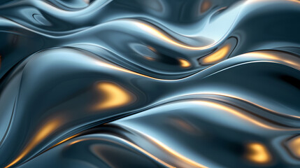 Fototapeta premium Abstract wavy metallic surface with golden light reflections creating a fluid and futuristic appearance.