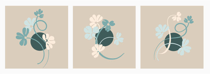 Set of minimalist botanical posters in art nouveau style. Plant abstract elements, botanical composition. Vector illustration in modern fashionable style for invitations, branding, congratulations.